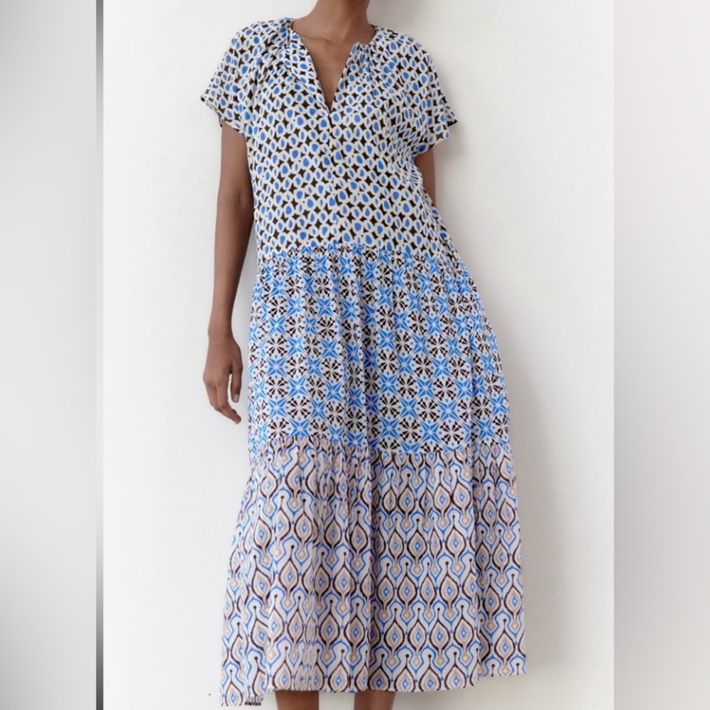 Zara Blue White Patterned Maxi Dress